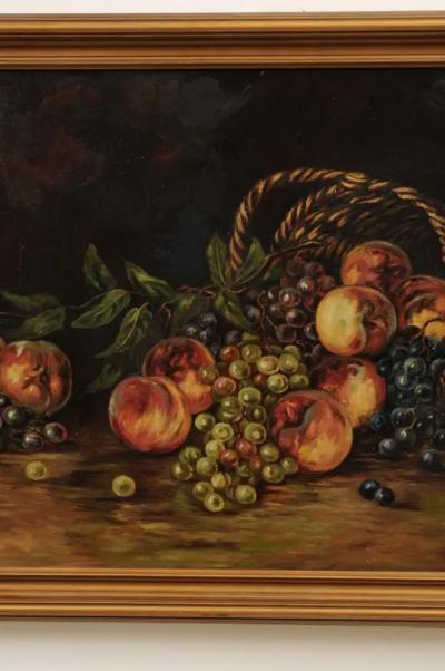 19th Century American Framed Still Life Painting Depicting Peaches and Grapes