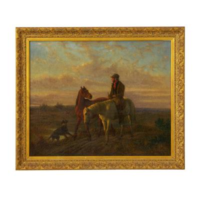 19th Century Antique Equestrian Oil Landscape Painting of Figure w Horses