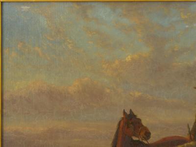 19th Century Antique Equestrian Oil Landscape Painting of Figure w Horses