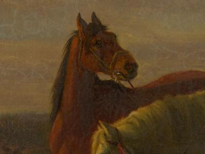 19th Century Antique Equestrian Oil Landscape Painting of Figure w Horses