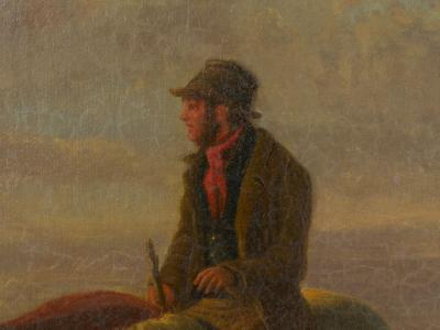 19th Century Antique Equestrian Oil Landscape Painting of Figure w Horses