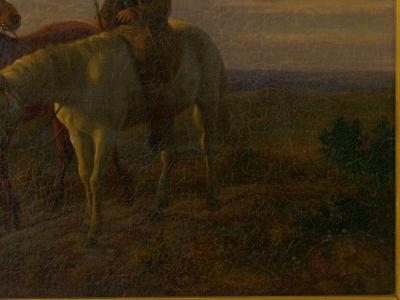 19th Century Antique Equestrian Oil Landscape Painting of Figure w Horses