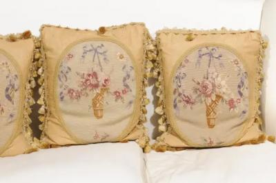19th Century Aubusson Tapestry Pillows with Ribbon Tied Bouquets and Tassels