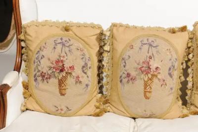19th Century Aubusson Tapestry Pillows with Ribbon Tied Bouquets and Tassels