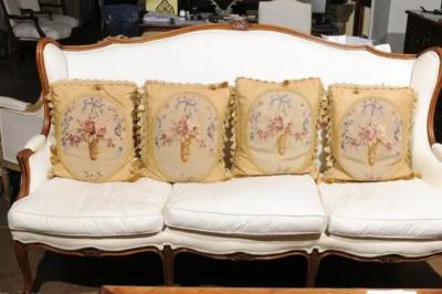 19th Century Aubusson Tapestry Pillows with Ribbon Tied Bouquets and Tassels