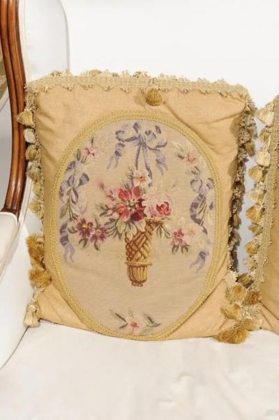 19th Century Aubusson Tapestry Pillows with Ribbon Tied Bouquets and Tassels