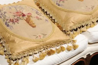 19th Century Aubusson Tapestry Pillows with Ribbon Tied Bouquets and Tassels