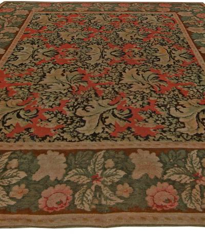 19th Century Bessarabian Brick Red Green Pale Moss and Pink Handmade Rug