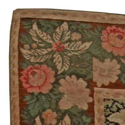 19th Century Bessarabian Brick Red Green Pale Moss and Pink Handmade Rug