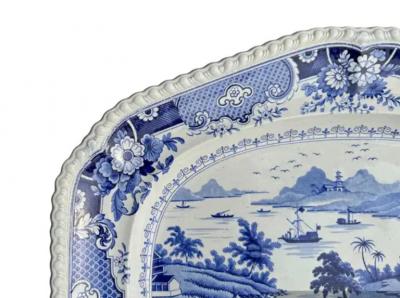 19th Century Blue White Transferware Platter India Temple pattern