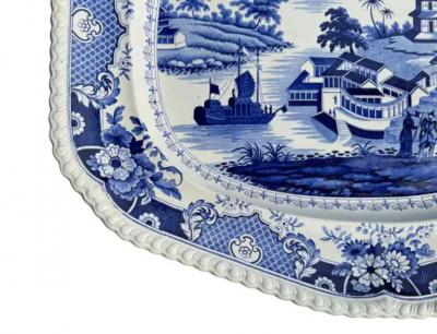 19th Century Blue White Transferware Platter India Temple pattern