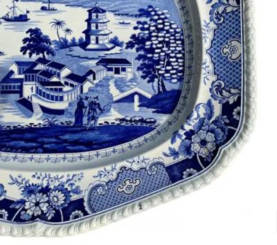 19th Century Blue White Transferware Platter India Temple pattern