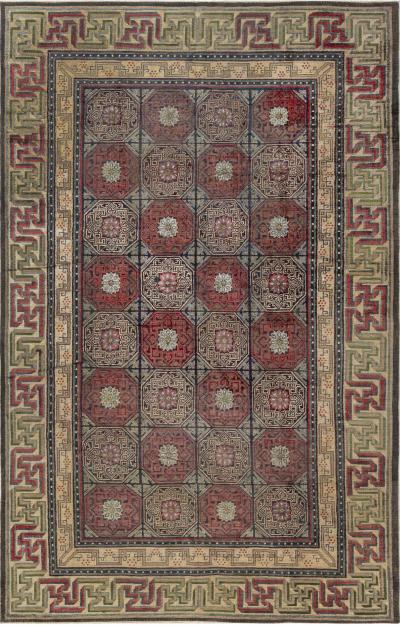 19th Century Bold Chinese Silk Rug in Red Black Beige and Brown