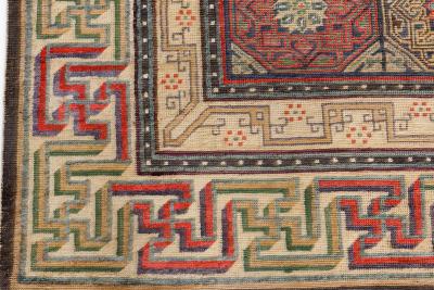 19th Century Bold Chinese Silk Rug in Red Black Beige and Brown
