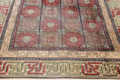 19th Century Bold Chinese Silk Rug in Red Black Beige and Brown