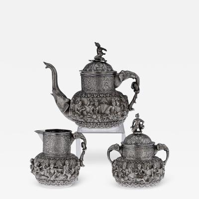 19th Century Burmese Myanmar Solid Silver Tea Set Peacock c 1890