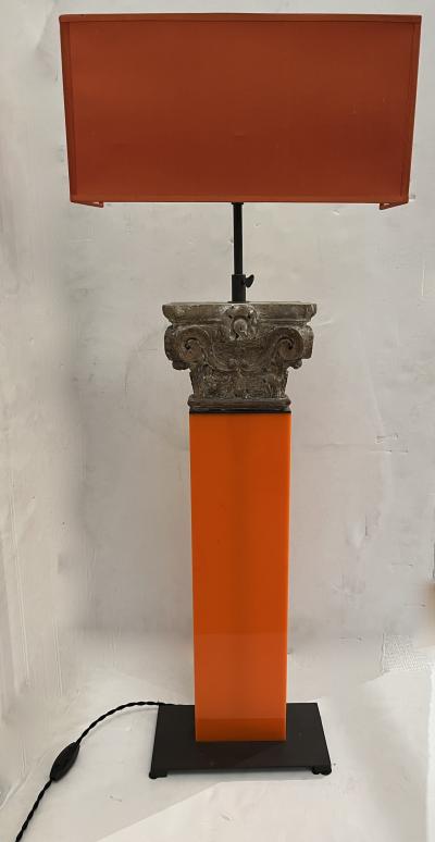 19th Century Carved Wooden Capital Table Lamp