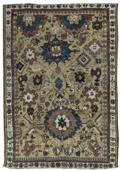 19th Century Caucasian Beige Indigo White Rosewood Brown Handmade Wool Rug