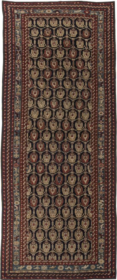 19th Century Caucasian Red Brown Black Authentic Blue Handwoven Wool Rug