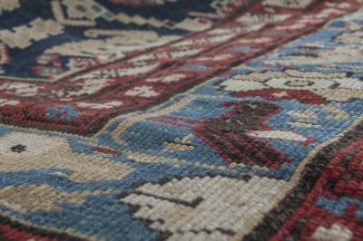 19th Century Caucasian Red Brown Black Authentic Blue Handwoven Wool Rug