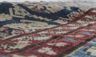 19th Century Caucasian Red Brown Black Authentic Blue Handwoven Wool Rug