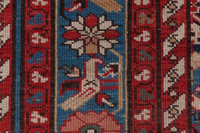 19th Century Caucasian Red Brown Black Authentic Blue Handwoven Wool Rug
