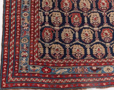 19th Century Caucasian Red Brown Black Authentic Blue Handwoven Wool Rug