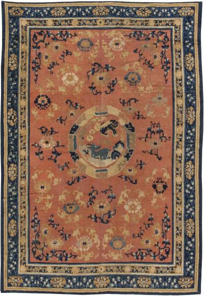 19th Century Chinese Handmade Wool Carpet in Salmon and Cobalt Blue Shades