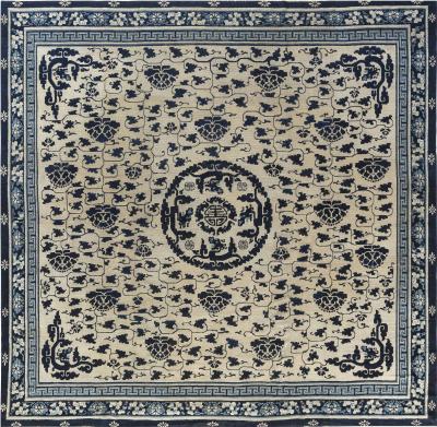 19th Century Chinese Indigo Blue and White Handmade Wool Rug