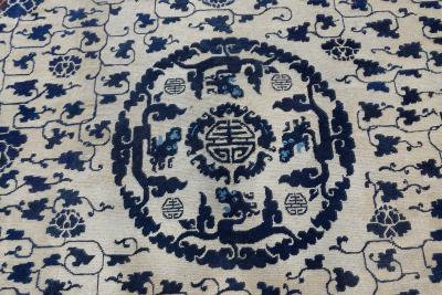 19th Century Chinese Indigo Blue and White Handmade Wool Rug