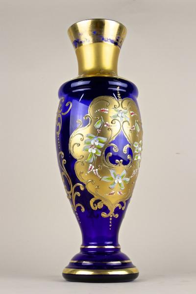 19th Century Cobalt Blue Gilt Glass Vase With Enamel Paintings CZ ca 1890