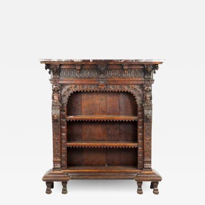 19th Century Continental Renaissance Style Carved Oak Bookcase with Marble