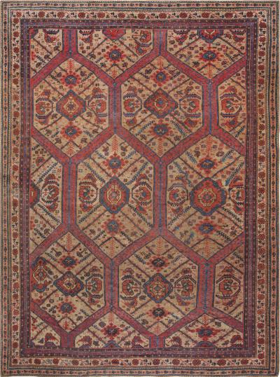 19th Century Crab Design Red Orange Beige and Blue Handwoven Wool Carpet