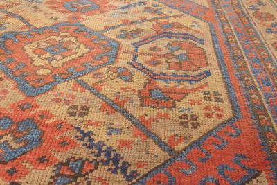 19th Century Crab Design Red Orange Beige and Blue Handwoven Wool Carpet