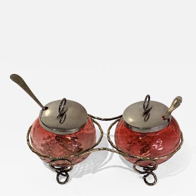 19th Century Cranberry Preserve Pots in Stand
