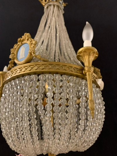 19th Century Dore Bronze Chandelier Louis XVI Wedgewood Plaques