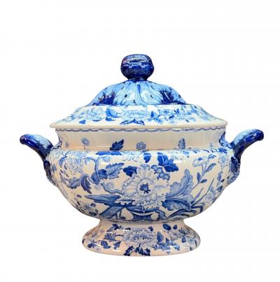19th Century Dresden Opaque China Blue White Soup Tureen Staffordshire