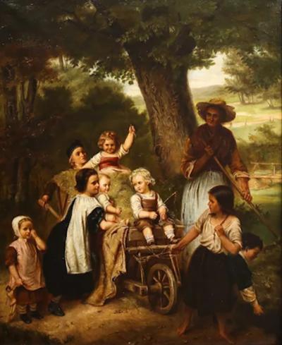 19th Century Dutch Painting of Children on a Hay Cart