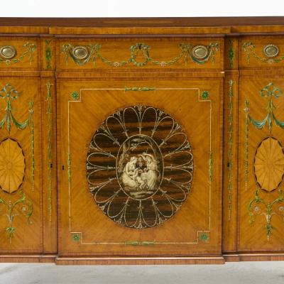 19th Century Edwardian Calamander Tulipwood Inlaid Painted Satinwood Sideboard
