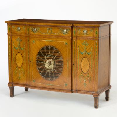 19th Century Edwardian Calamander Tulipwood Inlaid Painted Satinwood Sideboard
