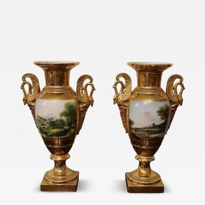 19th Century Empire Amphora Vases in Gilded Porcelain with Handles of Swans