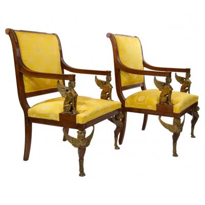 19th Century Empire Style Gilt Bronze Mounted Pair Armchair