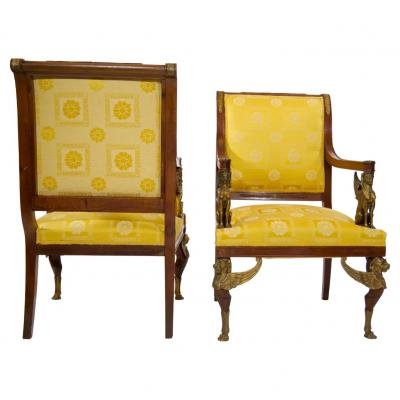 19th Century Empire Style Gilt Bronze Mounted Pair Armchair