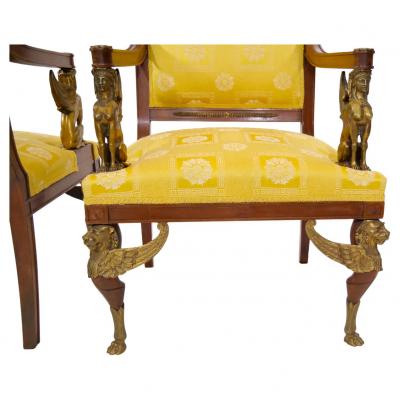 19th Century Empire Style Gilt Bronze Mounted Pair Armchair