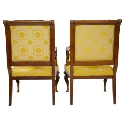 19th Century Empire Style Gilt Bronze Mounted Pair Armchair