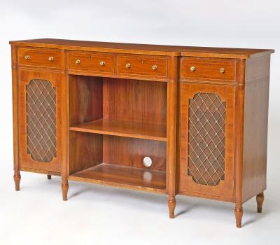 19th Century English Burlwood Mahogany Regency Style Inlay Decorated Breakfront