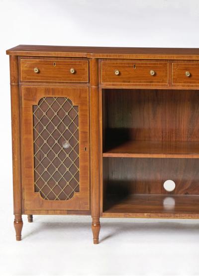 19th Century English Burlwood Mahogany Regency Style Inlay Decorated Breakfront