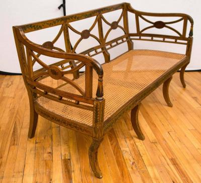 19th Century English Hand Painted Sheraton Style Caned Seat Settee
