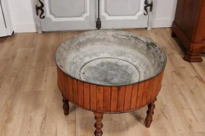 19th Century English Pine and Faux Bamboo Drum Table with Inner Metal Basin