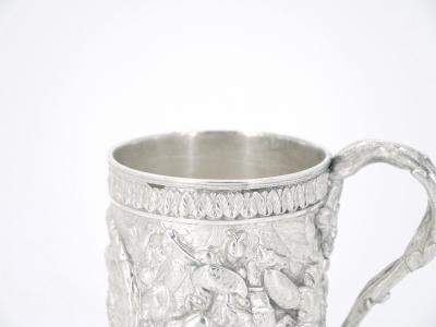19th Century English Silverplate Barware Mug Depicting Knights in Battle